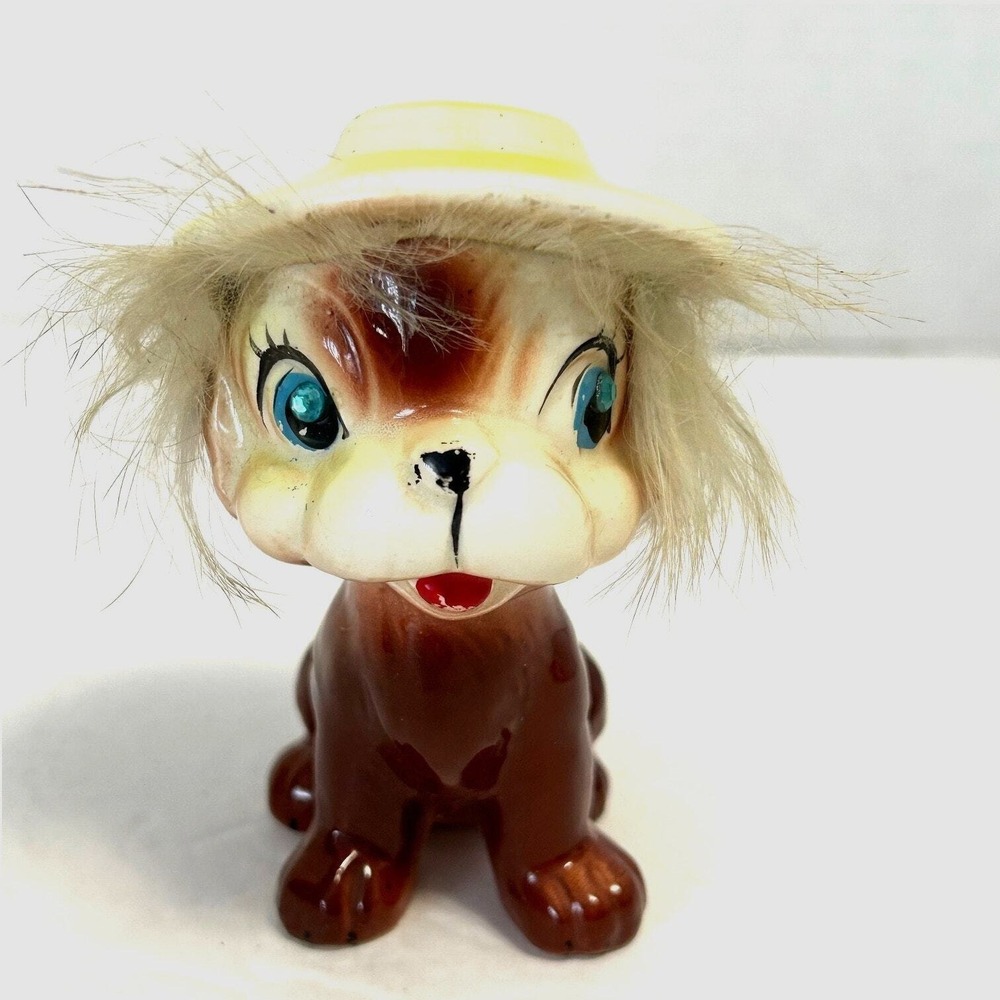 Vintage Kriess Ceramic Puppy Dog With Yellow Hat and‎ Real Fur